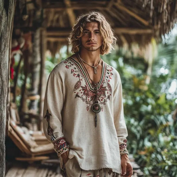 Herren-Oberteil im Bohemian-Urlaubsstil, Vintage-Stil, bedrucktes Leinen, lässig, langärmelig 