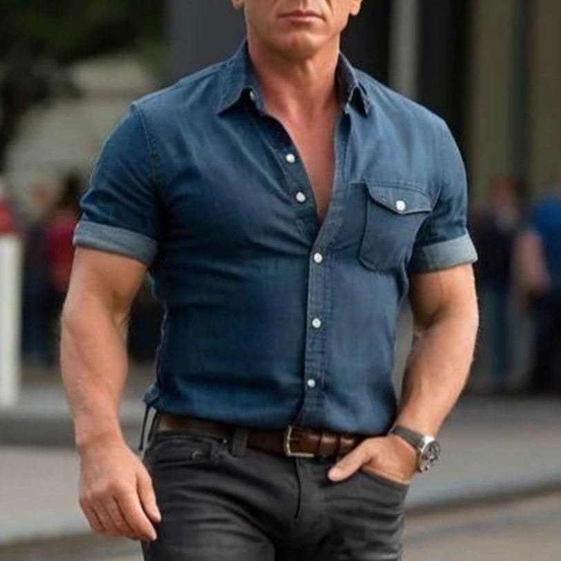 Men's fashionable casual blue denim short-sleeved shirt