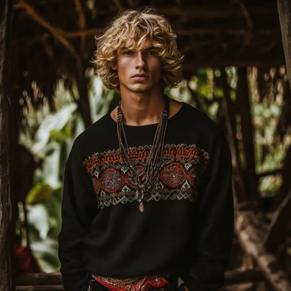 Herren-Oberteil im Bohemian-Urlaubsstil, Vintage-Stil, bedrucktes Leinen, lässig, langärmelig 