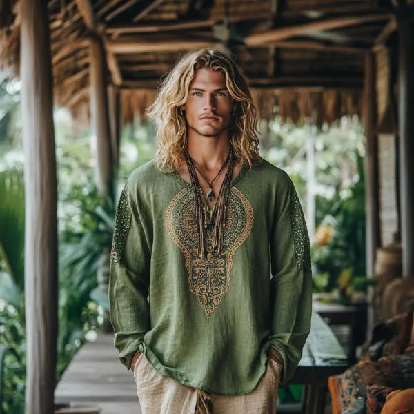 Herren-Oberteil im Bohemian-Urlaubsstil, Vintage-Stil, bedrucktes Leinen, lässig, langärmelig 