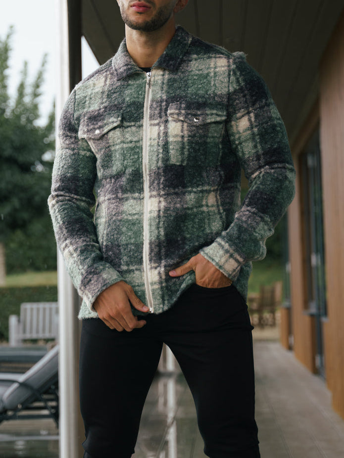 Bouclé-Jacke mit Reißverschluss und Karomuster 