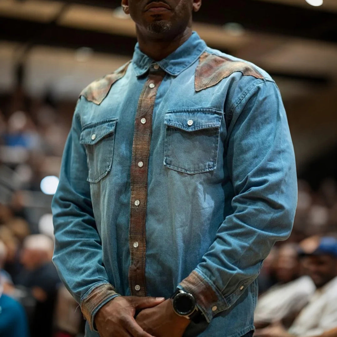Men's fashionable casual blue denim long-sleeved shirt