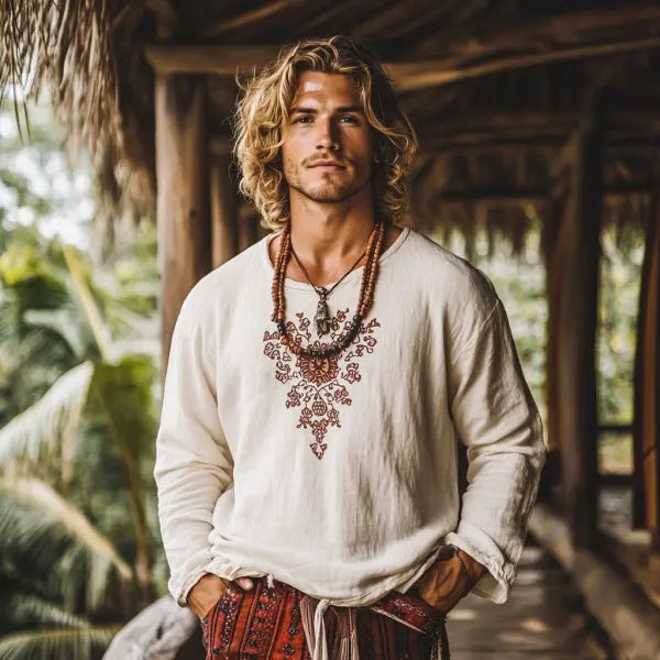 Herren-Oberteil im Bohemian-Urlaubsstil, Vintage-Stil, bedrucktes Leinen, lässig, langärmelig 