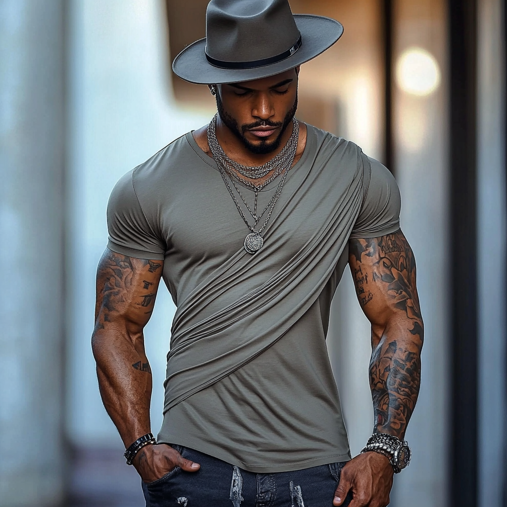 Men's fashionable casual dark grey pleated short-sleeved T-shirt