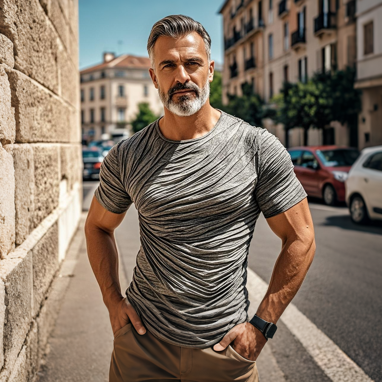 Men's fashionable casual grey pleated short-sleeved T-shirt