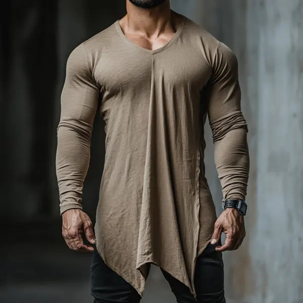 Men's Casual V-neck Comfortable Breathable Linen Long Sleeve T-shirt Splicing Design Linen Pullover Top