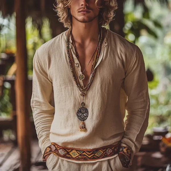 Herren-Oberteil im Bohemian-Urlaubsstil, Vintage-Stil, bedrucktes Leinen, lässig, langärmelig 