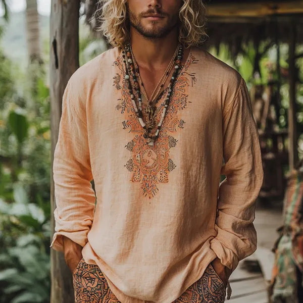 Herren-Oberteil im Bohemian-Urlaubsstil, Vintage-Stil, bedrucktes Leinen, lässig, langärmelig 