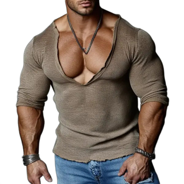 Men's Casual V-neck Super Stretch Comfortable Breathable Long-sleeved T-shirt Casual Fitness Daily T-shirt