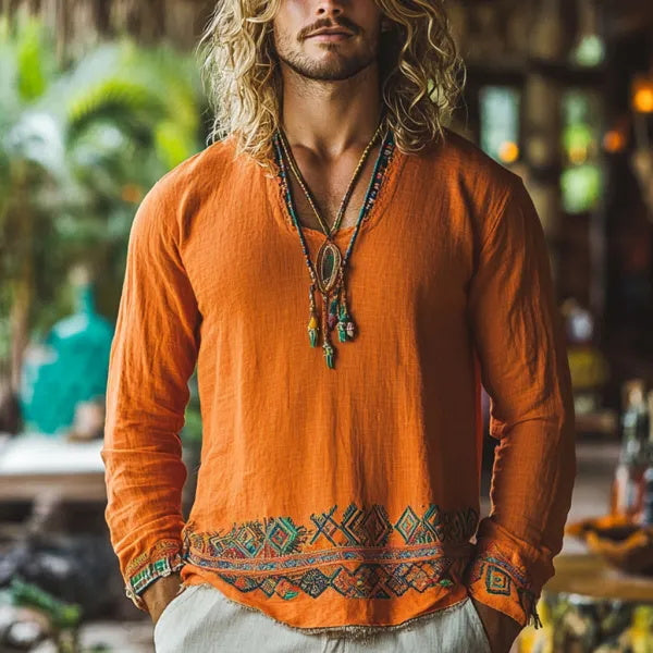Herren-Oberteil im Bohemian-Urlaubsstil, Vintage-Stil, bedrucktes Leinen, lässig, langärmelig 