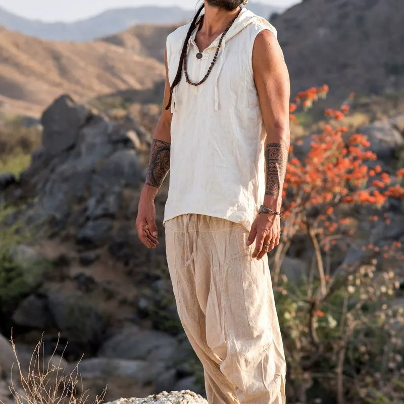 A two-piece set of men's fashionable and casual beige cotton and linen vest and shorts