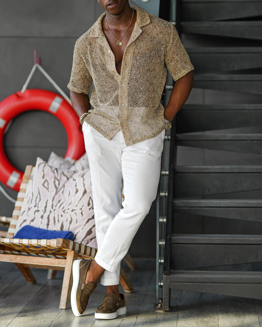 Chemise à manches courtes à découpes dorées, tendance et décontractée, pour homme