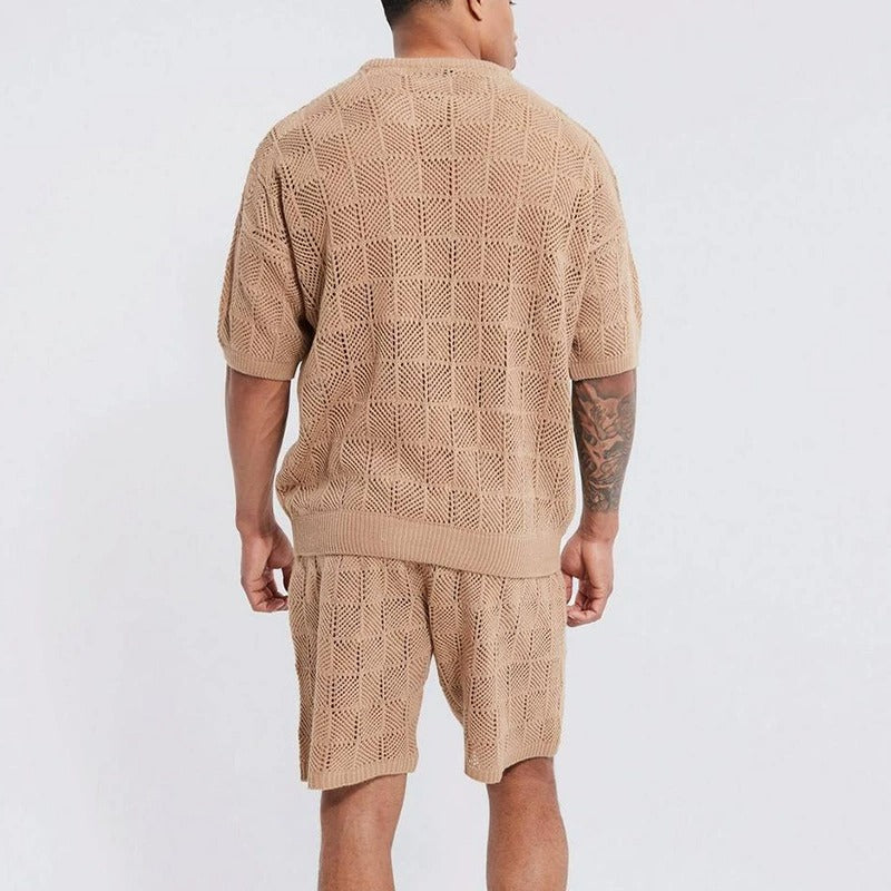 Chemise à manches courtes en jacquard uni décontracté et tendance pour homme