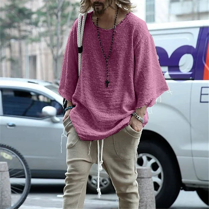 Men's long-sleeved solid-color top and trendy loose T-shirt