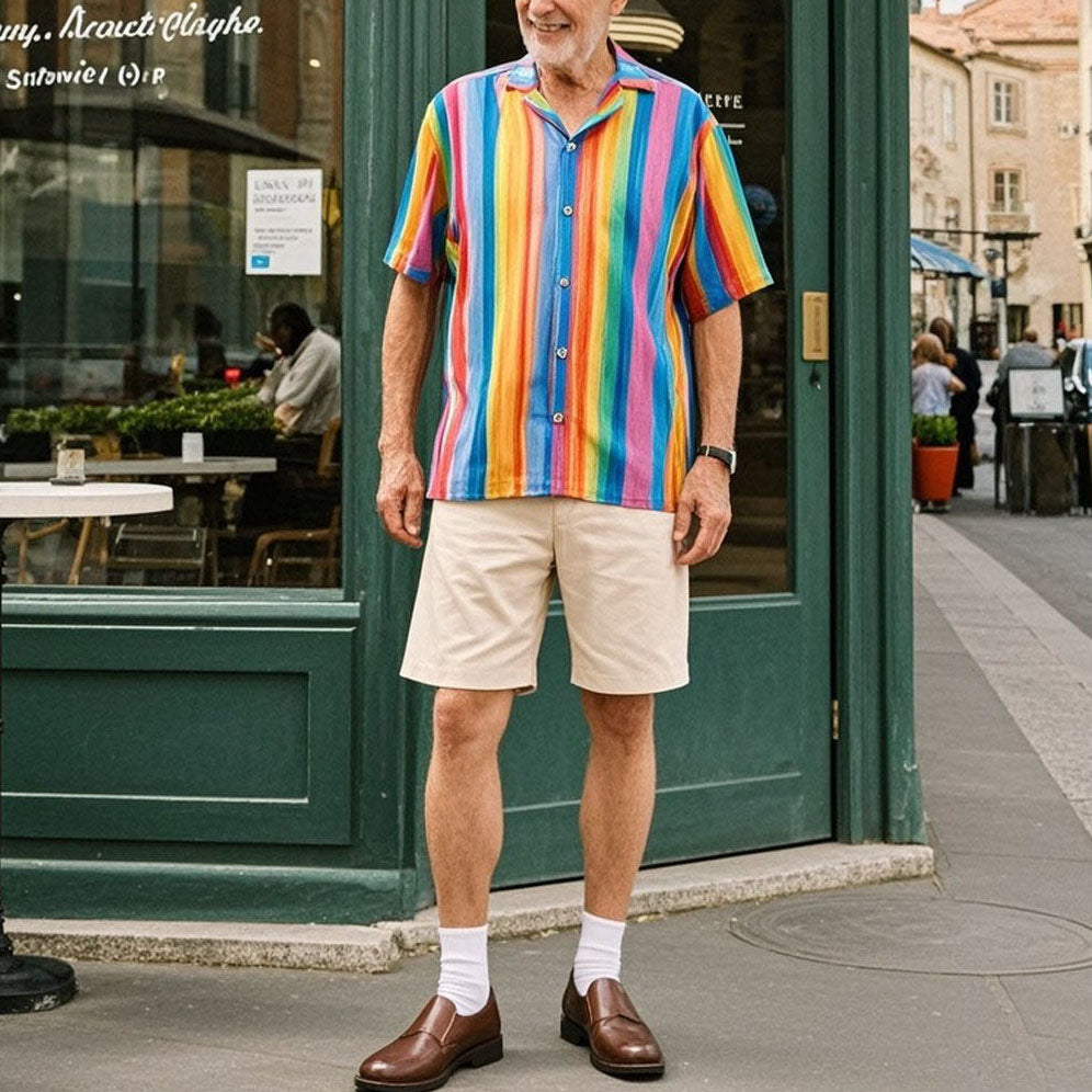 Men's fashionable casual rainbow-colored striped short-sleeved shirt