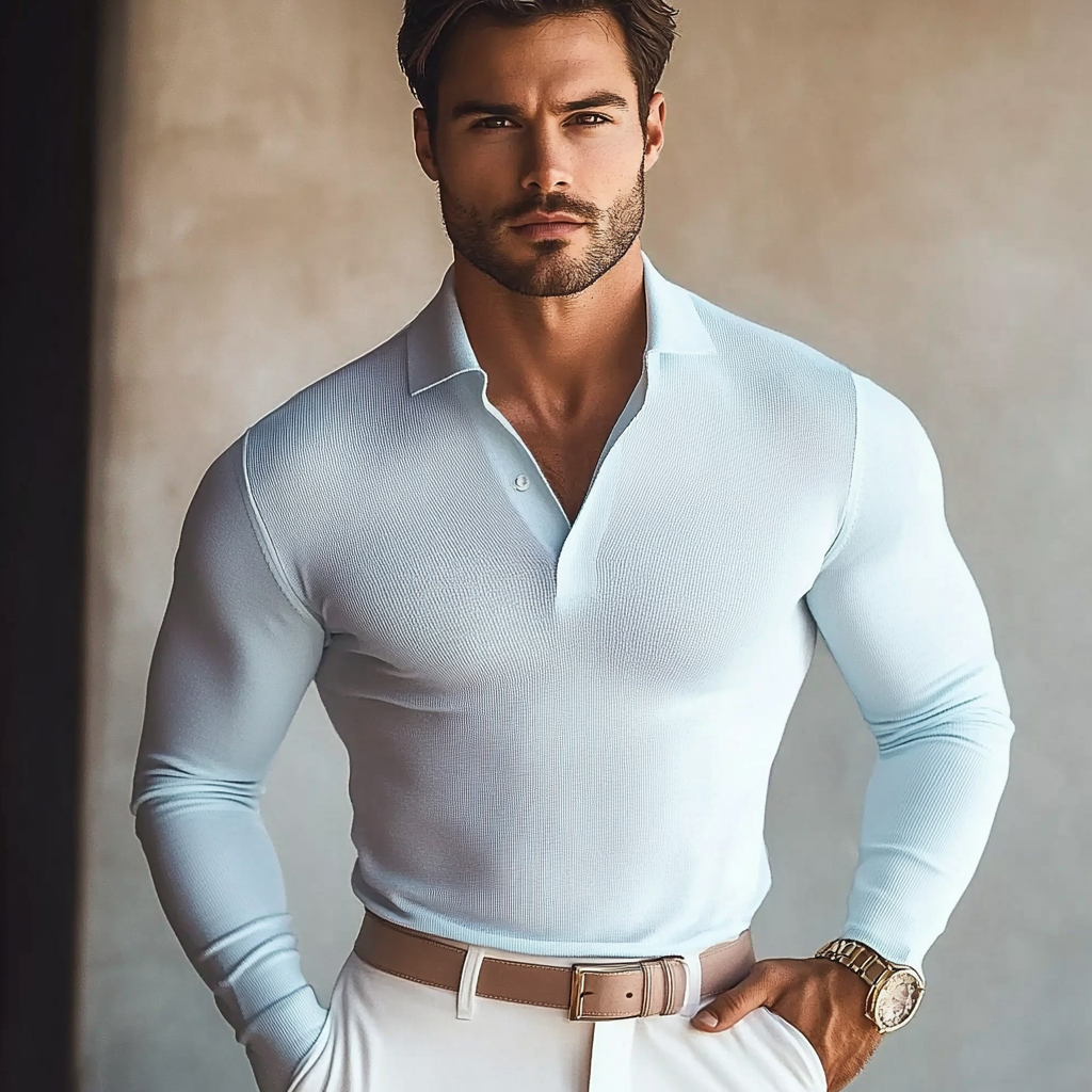 Modisches, lässiges, enges hellblaues Herren-Poloshirt