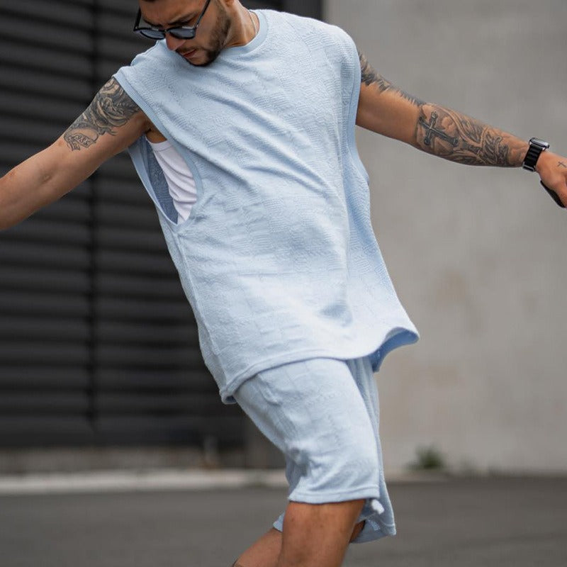 Men's fashionable and casual sky blue jacquard vest set
