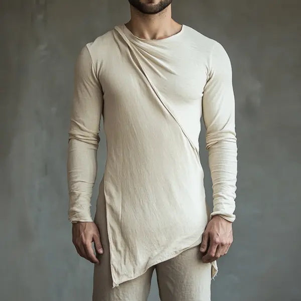 Men's Casual Round Neck Comfortable Breathable Linen Long-sleeved T-shirt Casual Fitness Slim T-shirt Stitching Design