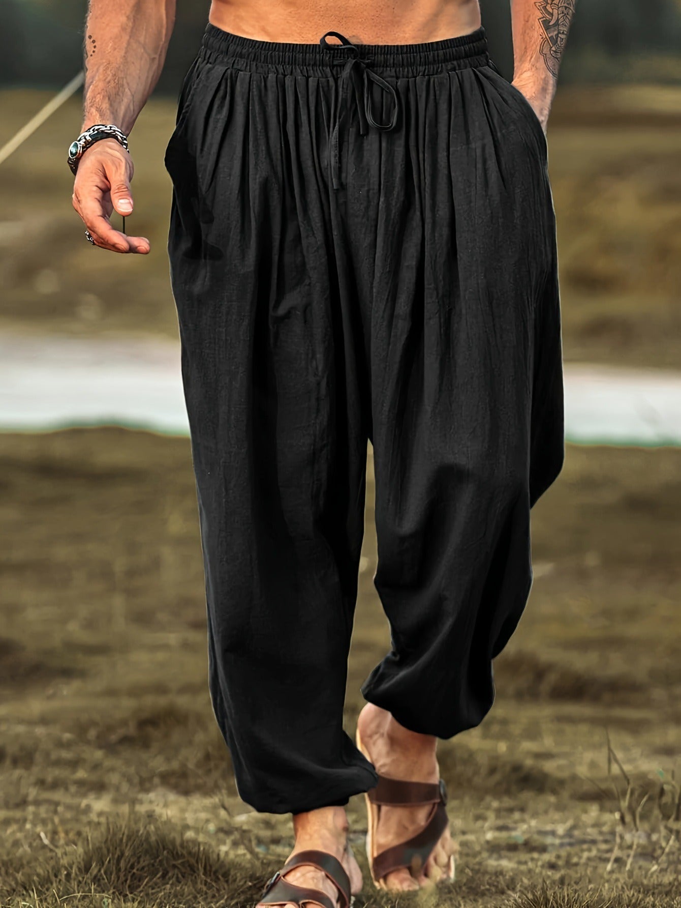 Men's fashionable and casual solid-colored cotton and linen trousers
