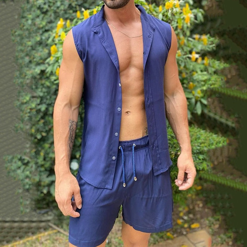 A two-piece set of men's fashionable and casual solid-color vests