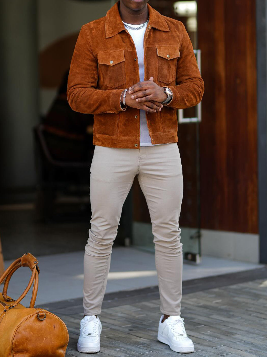 Veste décontractée en daim marron à la mode pour homme