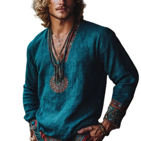 Herren-Oberteil im Bohemian-Urlaubsstil, Vintage-Stil, bedrucktes Leinen, lässig, langärmelig 