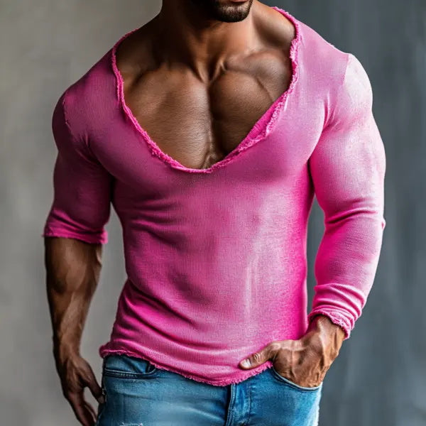 Men's Casual Deep V-neck Super Stretch Comfortable Breathable Long-sleeved T-shirt Casual Fitness Daily T-shirt