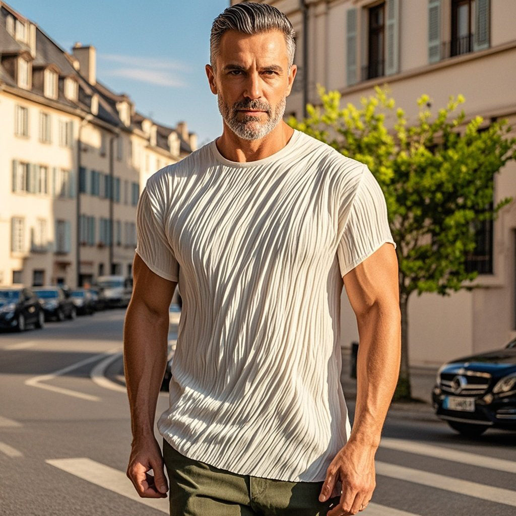 Men's fashionable casual beige pleated short-sleeved T-shirt