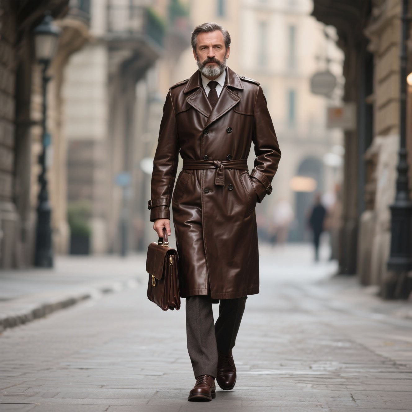Men's fashionable and casual brown long leather coat