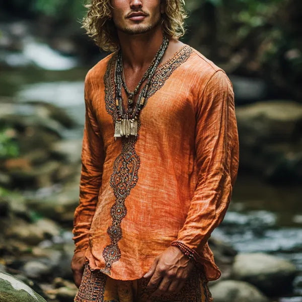 Lässiges Langarm-Oberteil im Bohemian-Urlaubsstil im Vintage-Stil mit Aufdruck für Herren 