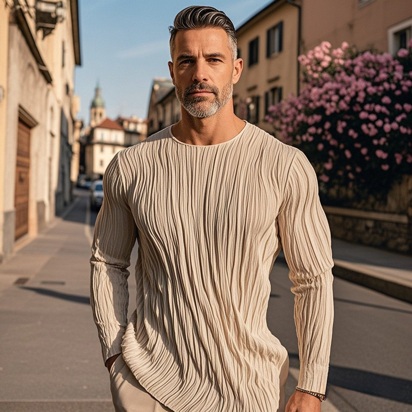 Men's fashionable and casual khaki pleated long-sleeved T-shirt