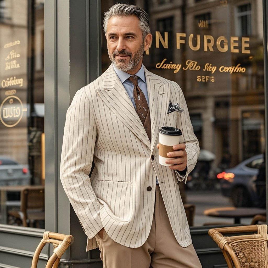 Veste de costume décontractée à rayures beiges pour homme