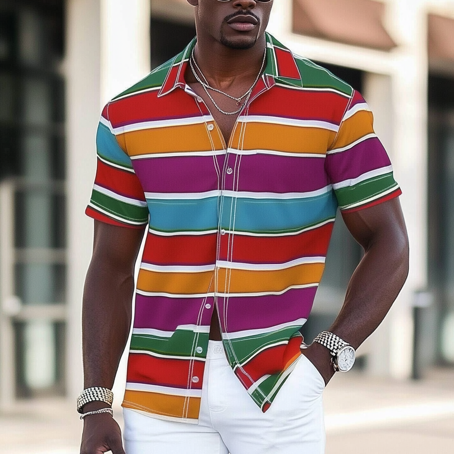 Men's fashionable casual rainbow-colored striped short-sleeved shirt