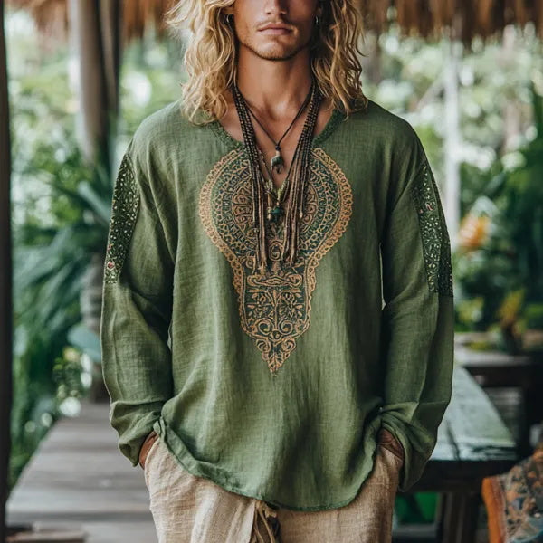 Herren-Oberteil im Bohemian-Urlaubsstil, Vintage-Stil, bedrucktes Leinen, lässig, langärmelig 