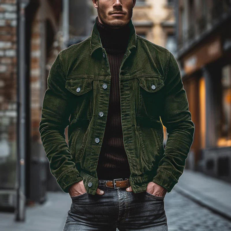 Men's Vintage Corduroy Lapel Single Breasted Multi-Pocket Work Jacket