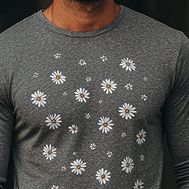 Herren-Langarm-T-Shirt mit Gänseblümchen-Stickerei