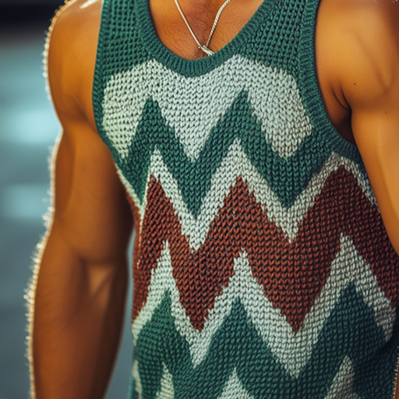 Men's Retro Casual Diamond Colorblock Round Neck Tank Top ASW0337D5TO