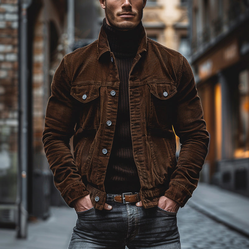 Men's Vintage Corduroy Lapel Single Breasted Multi-Pocket Work Jacket