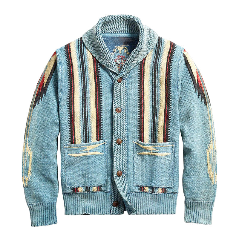 Cardigan en tricot à manches longues et revers jacquard vintage pour homme