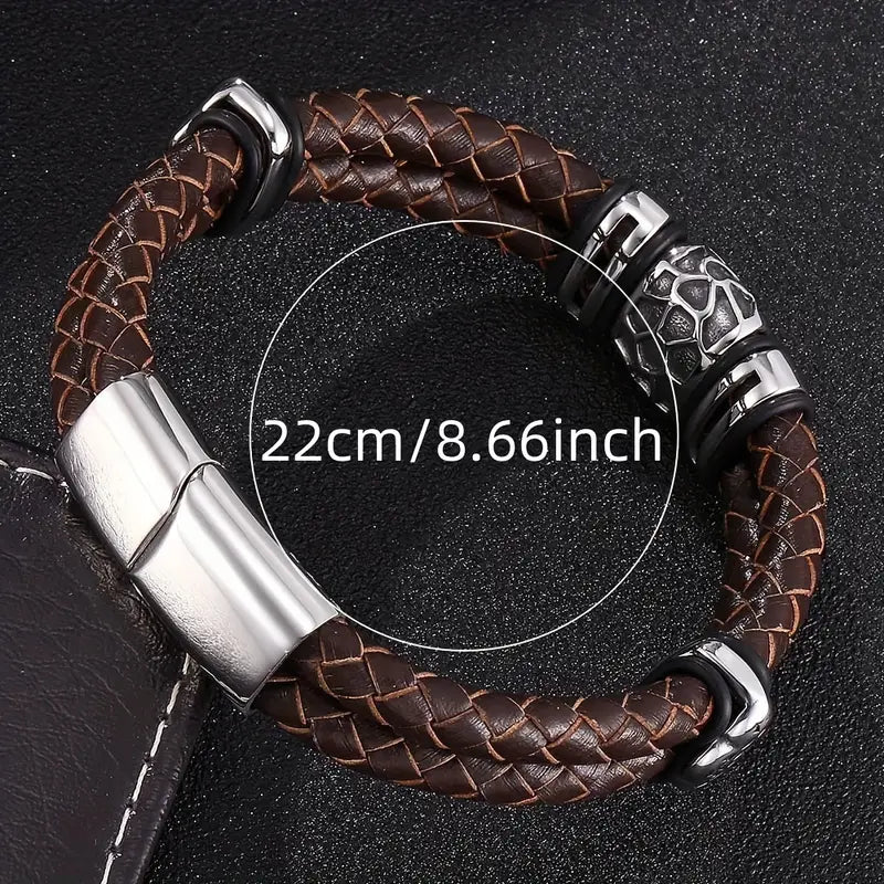 (Free Gift Order $129, Add To Car First)New Fashion Double Layer Punk Brown Braided Faux Leather Bracelet, Metal Magnetic Buckle Bracelet