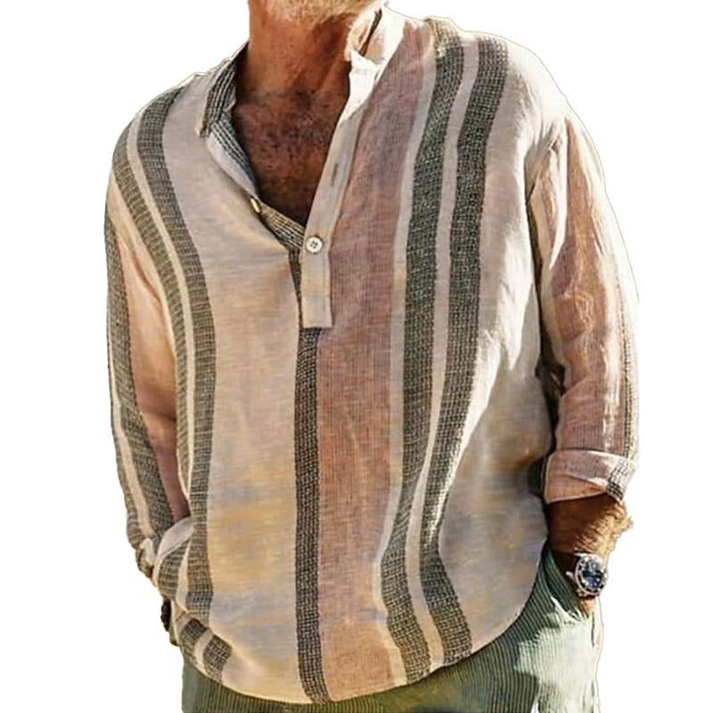 Men's V-neck Striped Print Loose Lapel Cotton Linen Shirt