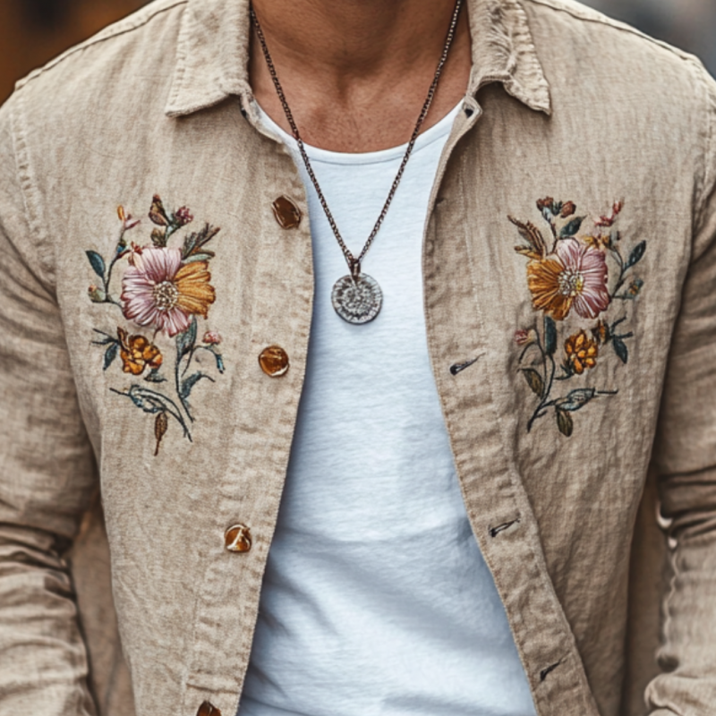 Men's Casual Linen Floral Embroidery Lapel Loose Long Sleeve Shirt