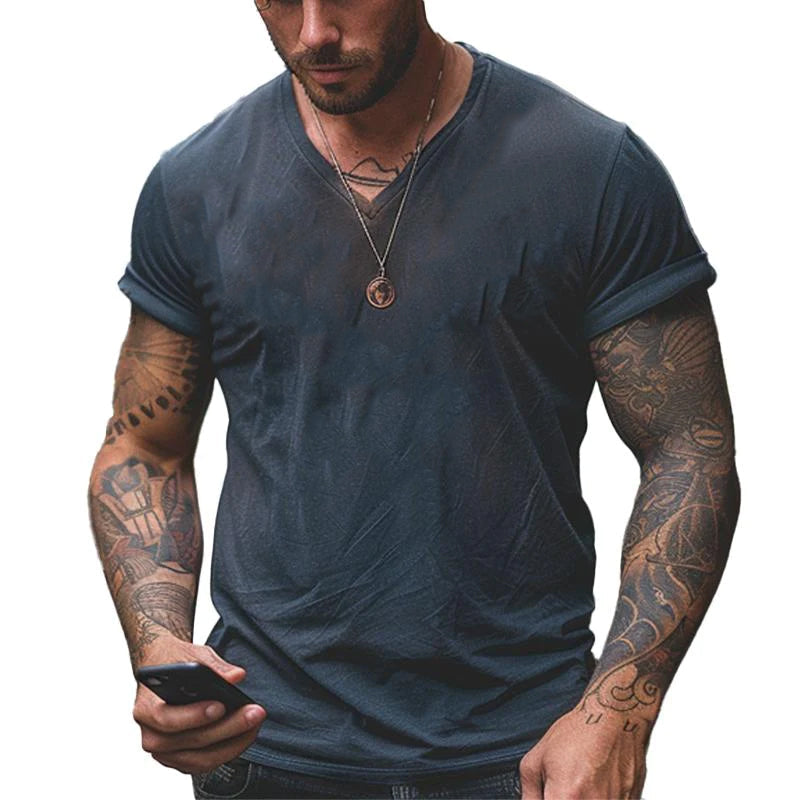 Men's Vintage Distressed V-neck Short-sleeved T-shirt