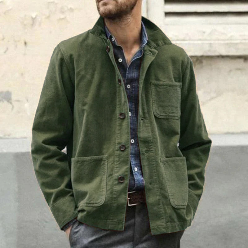 Men's Vintage Solid Color Multi Pocket Lapel Long Sleeve Workwear Jacket