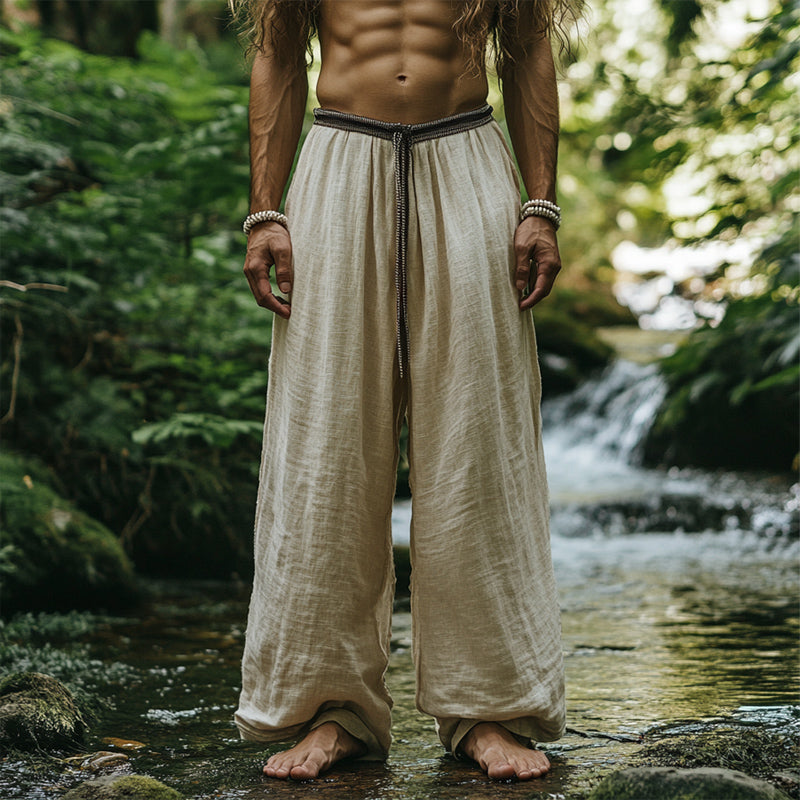 Men's Straight Loose Cotton and Linen Vintage Belt Casual Pants