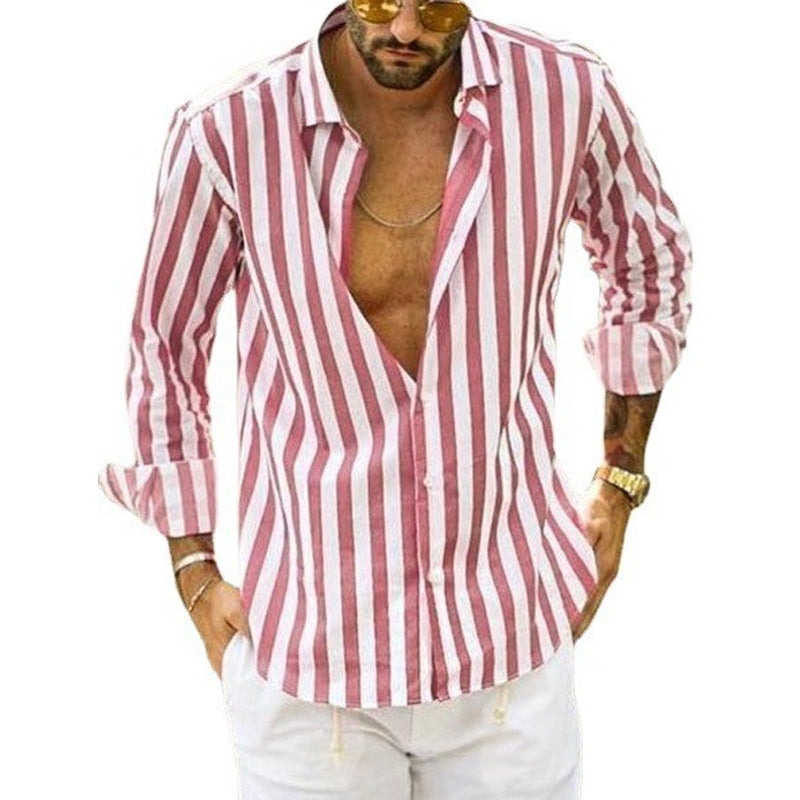 Men's Long Sleeve Striped Lapel Shirt