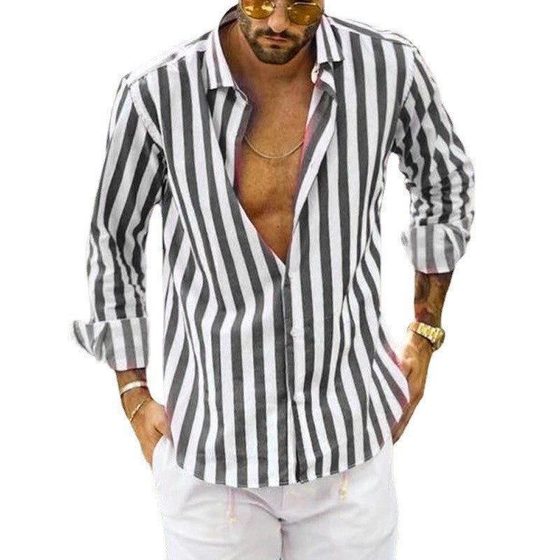 Men's Long Sleeve Striped Lapel Shirt