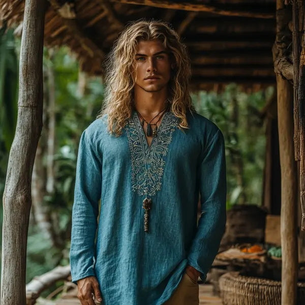 Herren-Oberteil im Bohemian-Urlaubsstil, Vintage-Stil, bedrucktes Leinen, lässig, langärmelig 