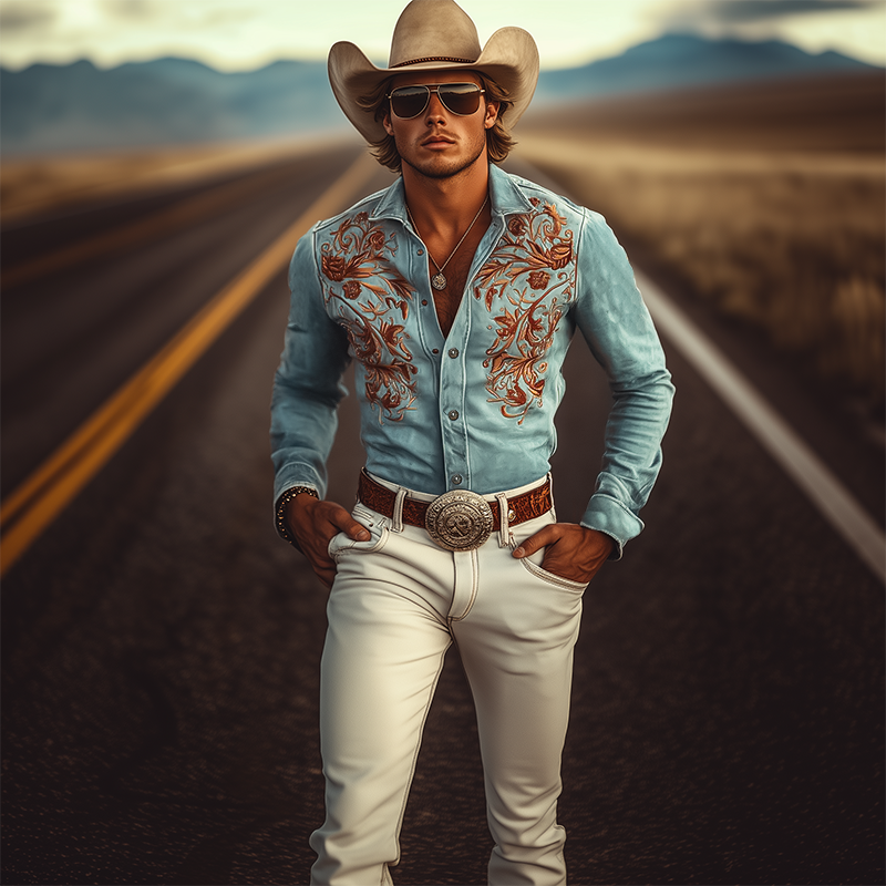 Men's Classic American Retro Western Suede Embroidered Long Sleeve Shirt