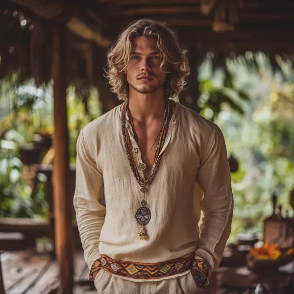 Herren-Oberteil im Bohemian-Urlaubsstil, Vintage-Stil, bedrucktes Leinen, lässig, langärmelig 